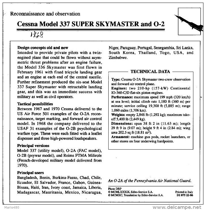 CESSNA  MODEL  337 SUPER SKYMASTER AND O-2    2  SCAN       (NUOVO CON DESCRIZIONE SUL RETRO) - 1946-....: Moderne