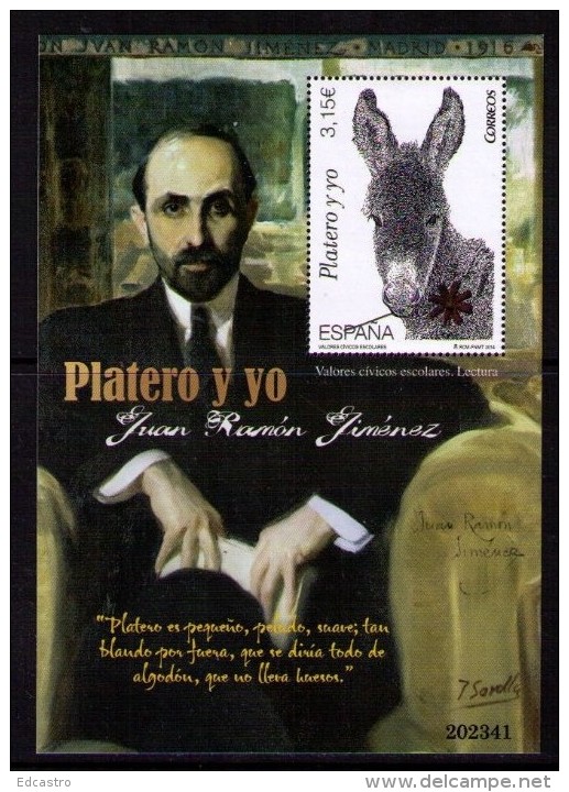 SPAIN ESPAGNE 2014. SOUVENIR SHEET. NOBEL PRIZE WRITER JUAN RAMON JIMENEZ.  PLATERO Y YO - Nuevos