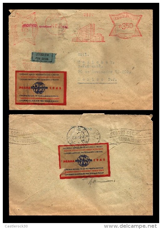 E)1945 CZHESCHOSLOVAKIA, WORLD CONGRESS OF STUDENTS IN PRAGUE, AIR MAIL,  LAVEL IN FRONT AND ON BACK,  CIRCULATED COVER - Luchtpost