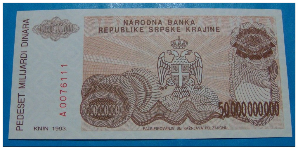 CROATIA *REPUBLIKA SRPSKA KRAJINA* 50,000,000,000 DINARA 1993. PICK-R29, UNC. 2 - Croatia