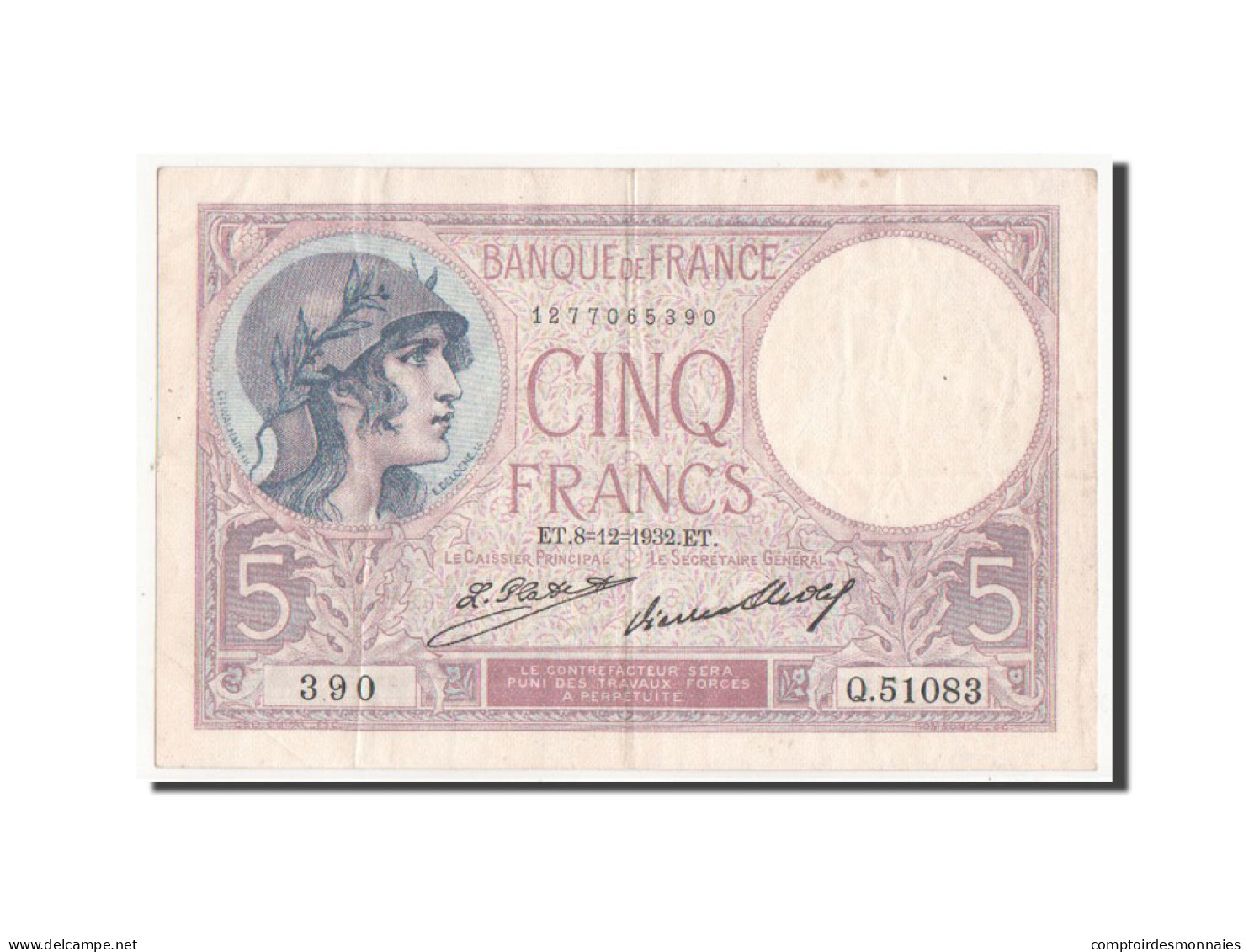 Billet, France, 5 Francs, 5 F 1917-1940 ''Violet'', 1932, TTB, Fayette:3.16 - 5 F 1917-1940 ''Violet''