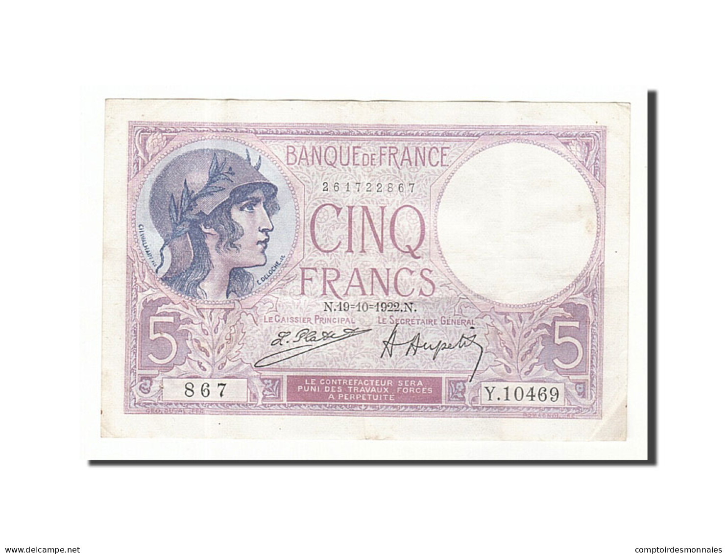 Billet, France, 5 Francs, 5 F 1917-1940 ''Violet'', 1922, 1922-10-19, TTB+ - 5 F 1917-1940 ''Violet''