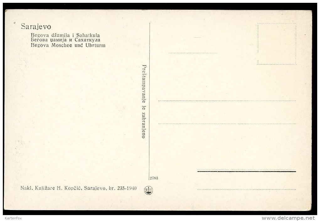 Sarajevo _ 2, Begova Moschee Und Uhrturm,1940 - Bosnien-Herzegowina