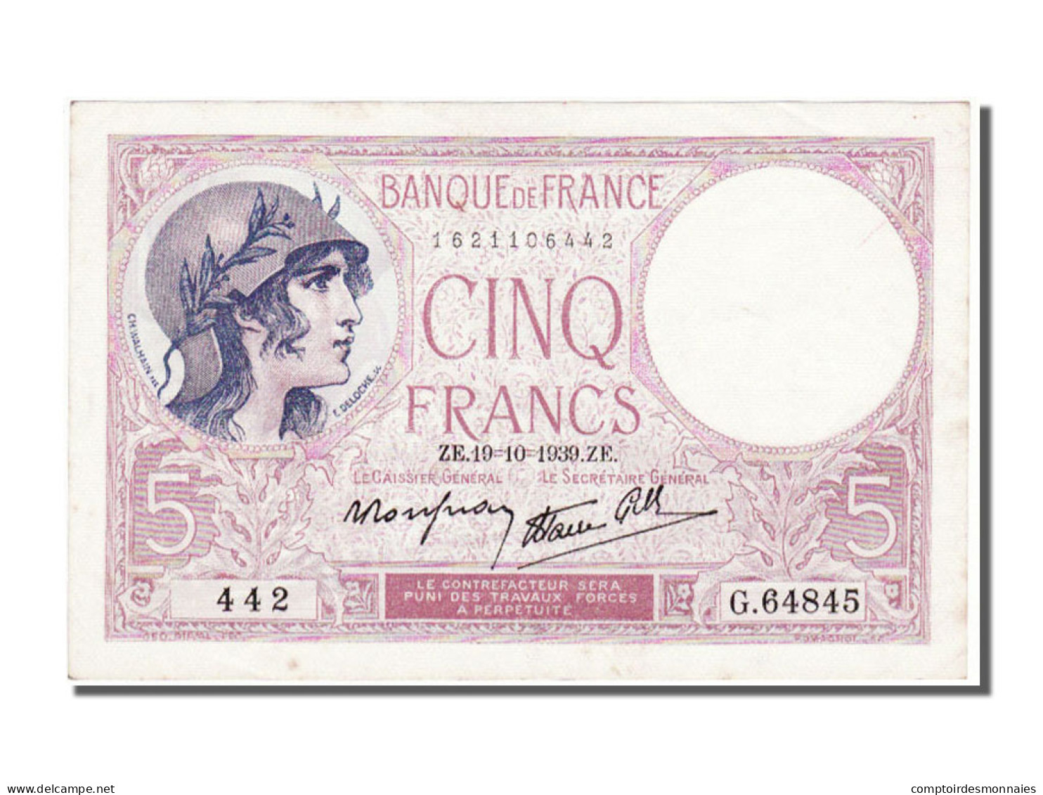 Billet, France, 5 Francs, 5 F 1917-1940 ''Violet'', 1939, 1939-10-19, SPL - 5 F 1917-1940 ''Violet''