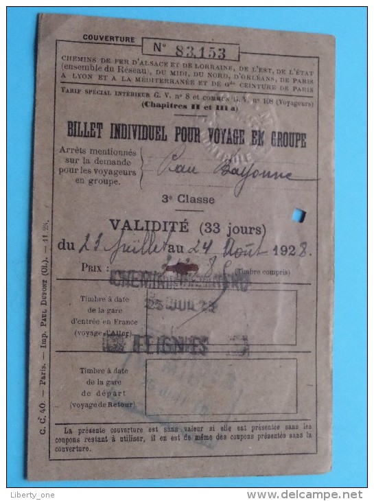 Chemin De Fer D'ALSACE Et De LORRAINE ** Anno 1928 ** Billet INDIVIDUEL Pour Voyage En GROUPE ( Bayonne ) Zie Foto´s ! - Altri & Non Classificati