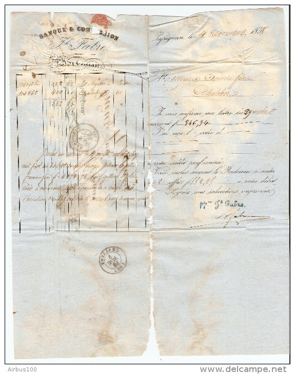 N° 14A SUR LETTRE BANQUE DE COMMISSION JOSEPH FABRE PERPIGNAN 4/11/1858 POUR CHALABRE AUDE - ZOOM 4 Scans - 1849-1876: Classic Period