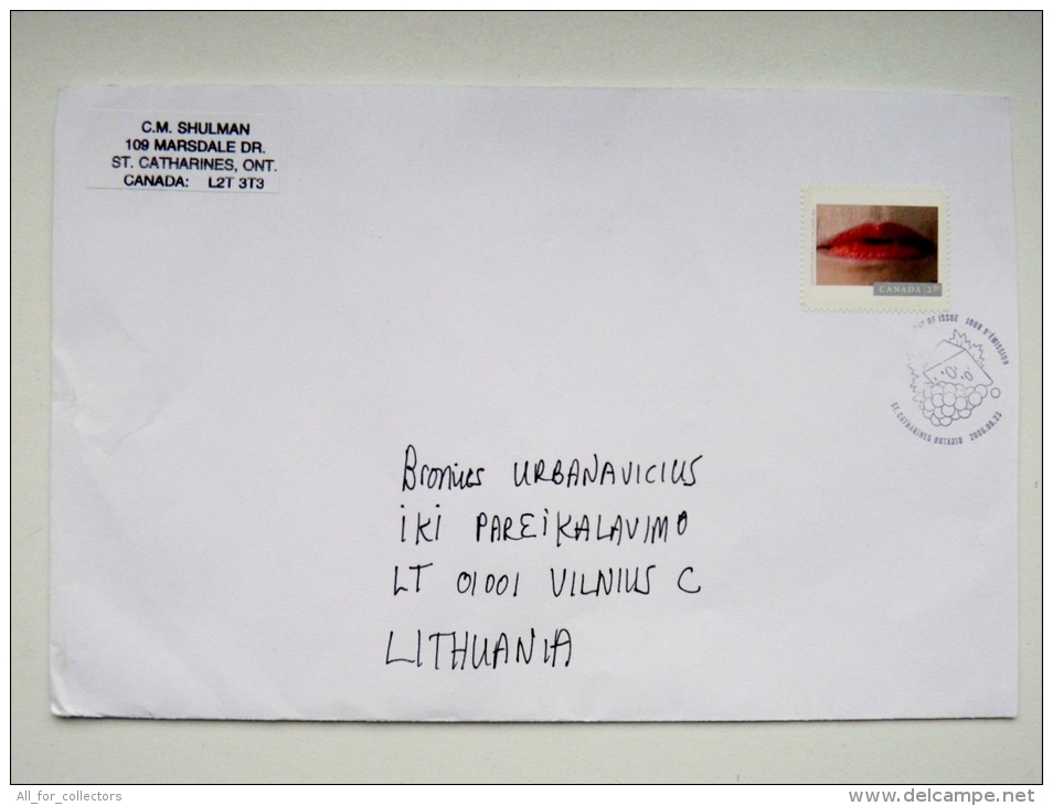 Cover Sent From Canada To Lithuania Special Cancel Grapes Lips - Enveloppes Commémoratives