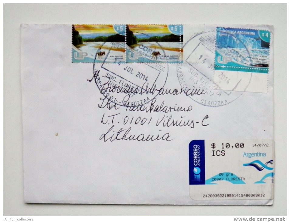 Cover Sent From Argentina To Lithuania On 2014 Landscapes Atm Label Stamp - Cartas & Documentos