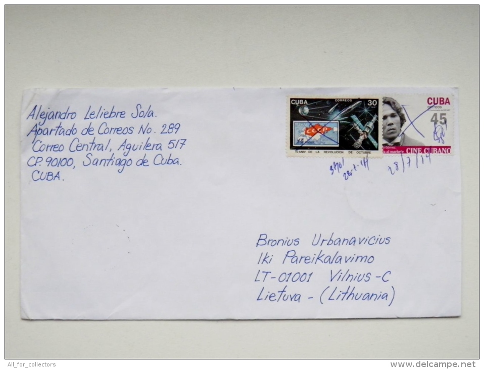 2 Photos Cover Sent From Cuba To Lithuania 2014 Space Cosmos Stamp On Stamp Cine Cubano - Brieven En Documenten