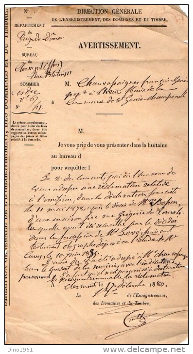 TB 906 - CLERMONT FERRAND - CàD Des Imprimés PARIS Sur Papier Des Domaine & Du Timbre - 1877-1920: Période Semi Moderne