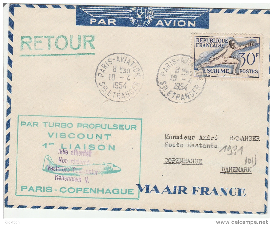 Paris Copenhague 1954 - 1er Vol Par Turbo-propulseur Viscount - Ertsflug Inaugural Flight - Kobenhavn - Airmail