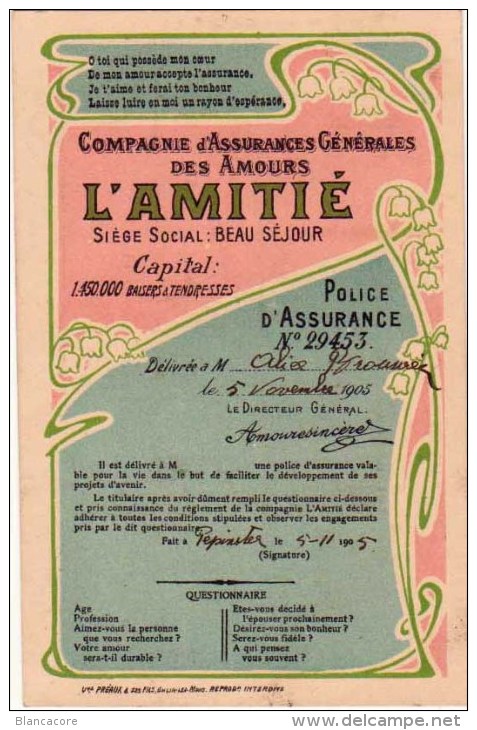 Compagnie D´assurances Des AMOURS  L´ AMITIE 1905 Style Art Nouveau  Imprimé Chez Préaux à Ghlin - Marriages