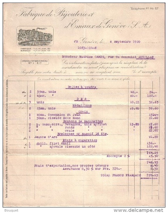 SUISSE - GENEVE - FABRIQUE DE BIJOUTERIE ET D'EMAUX DE GENEVE - LETTRE + FACTURE - 1920 - Zwitserland