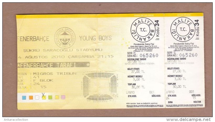 AC - FENERBAHCE Vs YOUNG BOYS DONETSK FOOTBALL SOCCER TICKET 04 AUGUST 2010 - Eintrittskarten