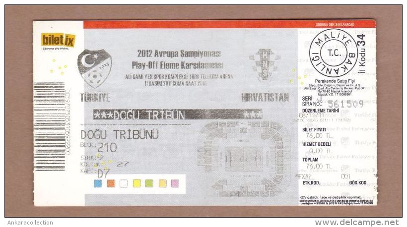 AC - TURKEY Vs CROATIA FOOTBALL TICKET EUROPEAN CHAMPIONSHIP 11 NOVEMBER 2011 - Match Tickets