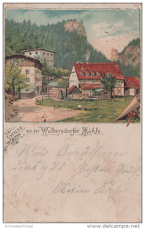 Litho AK Gruss Gasthof Waltersdorfer Mühle Polenztal Bei Waltersdorf Rathen Hohnstein Waitzdorf Porschdorf Rathewalde - Hohnstein (Saechs. Schweiz)