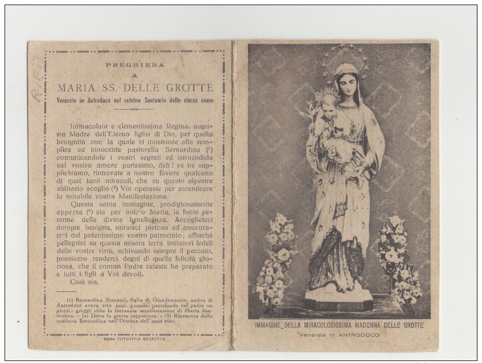 Santino Miracolosissima Madonna Delle Grotte Venerata In Antrodoco (Rieti) - 4 Facciate Con Inno E Preghiera - Virgen Mary & Madonnas