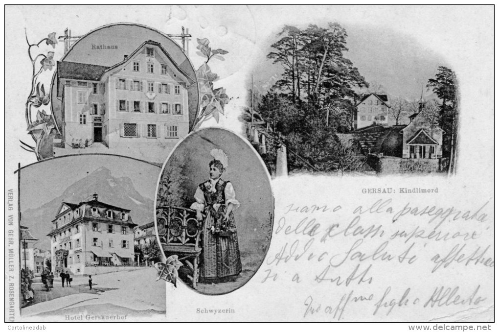[DC9437] CARTOLINA - SVIZZERA - GERSAU: Kindlimord - RATHAUS - HOTEL GERSAUERHOF - Viaggiata 1901 - Old Postcard - Gersau