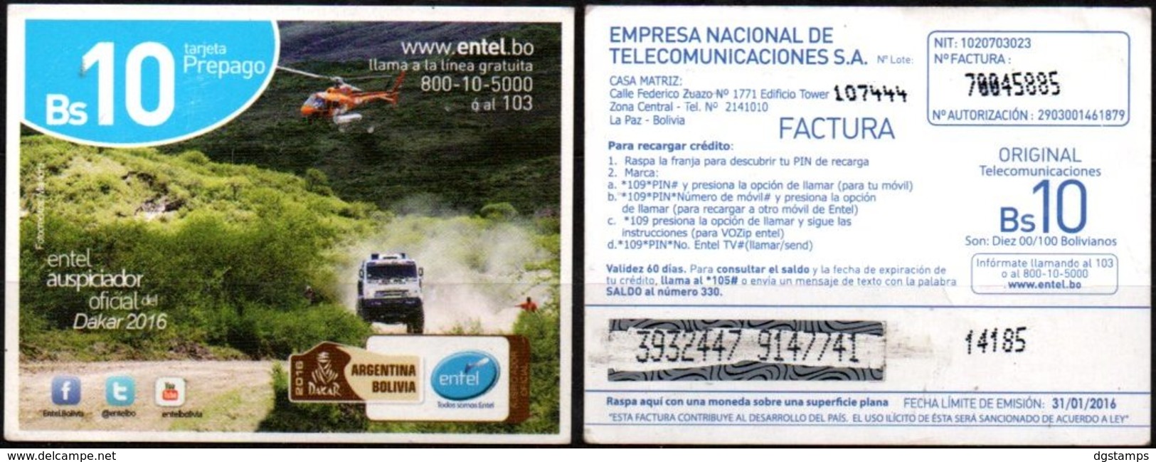 Bolivia 2015 - 31-01-2016  Prepago ENTEL. DAKAR 2016 Argentina - Bolivia. Camión Y Helicóptero. - Sport