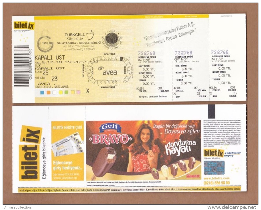 AC - GALATASARAY Vs GENCLERBIRLIGI TURKCELL SUPERLEAGUE FOOTBALL TICKET 2007 - Eintrittskarten