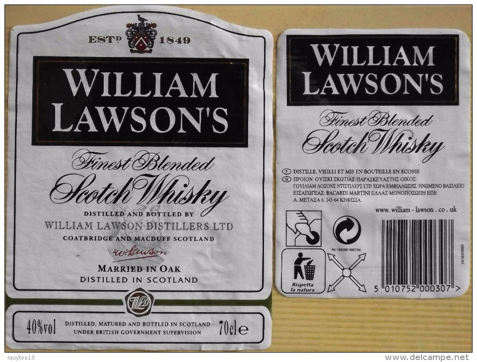 ETIQUETTE De SCOTCH WISKY " WILLIAM LAWSON'S 70cl " - Décollée Bon état  - - Whisky