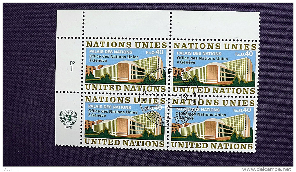 UNO-Genf 22 Eckrandviererblock 'A', Oo/used, Palais Des Nations, Genf - Gebruikt