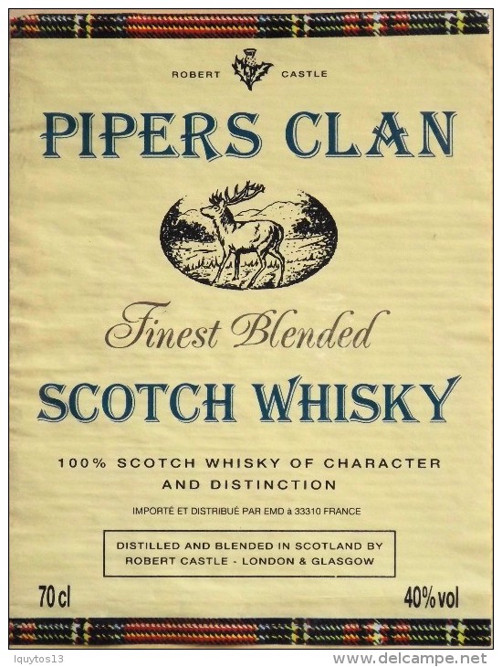 ETIQUETTE De SCOTCH WISKY " PIPERS CLAN Finest Blended 70cl " - Décollée Bon état  - - Whisky