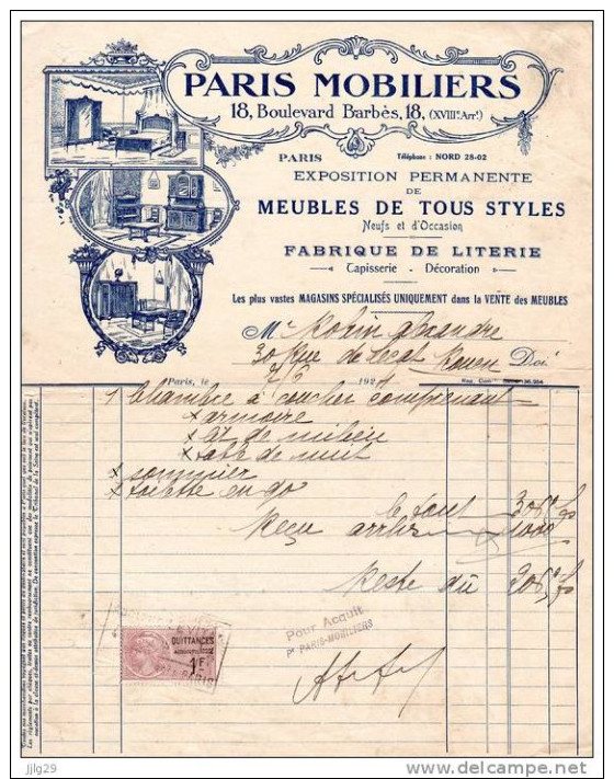 Facture PARIS Mobiliers 1921 - 1900 – 1949