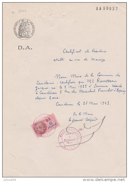 Cauderan Gironde Certificat Résidence Vue Mariage Papier Timbré Filigrane Etat Français 1941 Timbre Fiscal - Historische Documenten