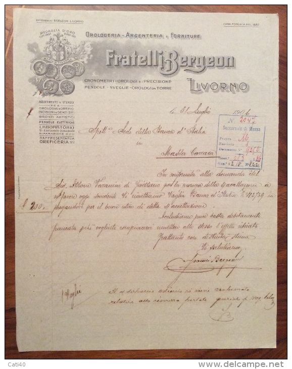 OROLOGERIA OREFICERIA - FRATELLI BERGEON LIVORNO  - FATTURA   DEL 1906 - Italia