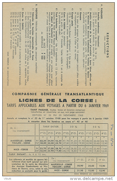 Compagnie Générale Transatlantique, Lignes De La Corse : Tarifs Applicables Aux Voyages à Partir Du 6 Janvier 1969... - Otros & Sin Clasificación