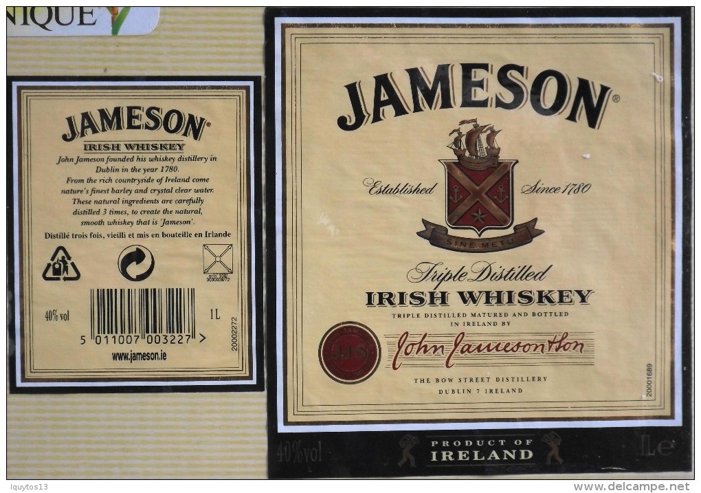 ETIQUETTE De IRISH WHISKY " JAMESON 1L " - Décollée Bon état  - - Whisky