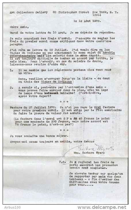 USA AEROGRAMME 12/8/1970 ART COLLECTORS GALLERY NEW YORK BARBARA MYERS POUR NINA BARKA PARIS TEXTE INTÉRESSANT PEINTURE - Other & Unclassified