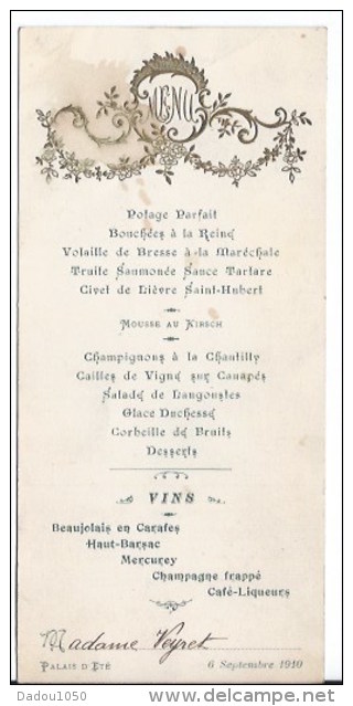 Menu  Palais D'été 1910 - Menu