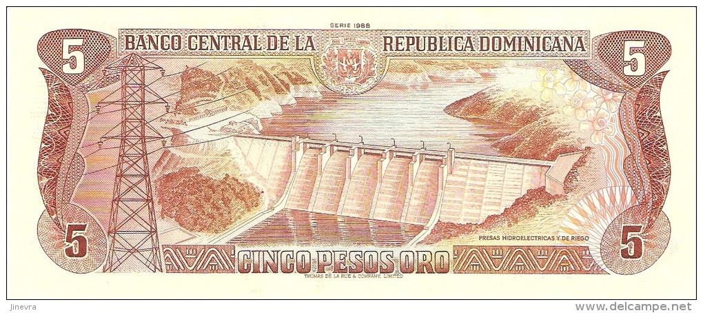 DOMINICAN REPUBLIC 5 PESOS ORO 1988 PICK 118c UNC - Dominicana