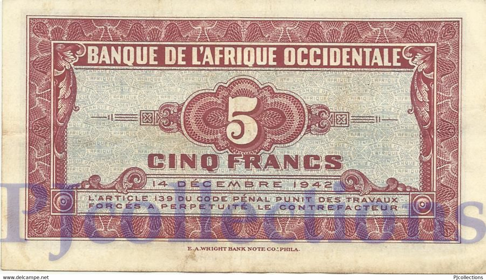 FRENCH WEST AFRICA 5 FRANCS 1942 PICK 28a VF - West-Afrikaanse Staten