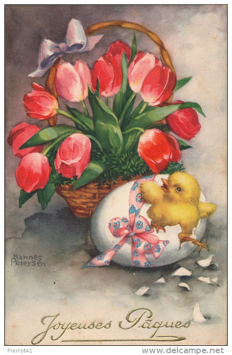 PAQUES - Jolie Carte Fantaisie Poussin Avec Fleurs Tulipes De "Joyeuses Pâques" - HANNES PETERSEN - Petersen, Hannes