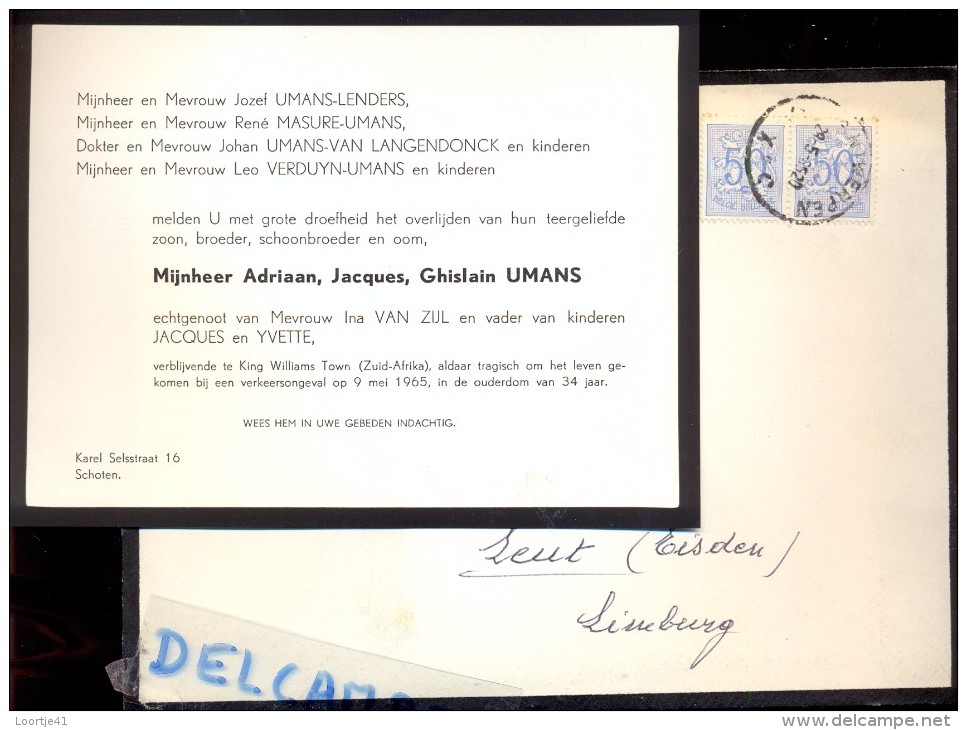 Doodsbrief Faire Part Overlijden - Adriaan Umans - King Williams Town Zuid Afrika - Ongeval 1965 - Overlijden