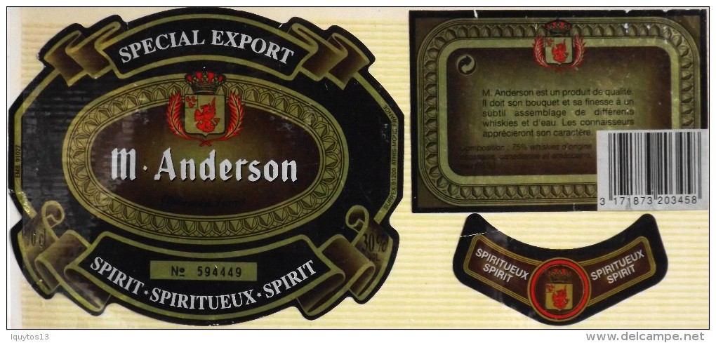 ETIQUETTE De WHISKY Et EAU " SPECIAL EXPORT M. ANDERSON 70cl " - Décollée Bon état  - - Whisky