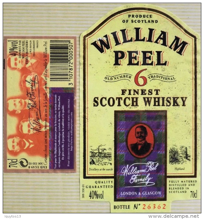 ETIQUETTE De SCOTCH WHISKY " WILLIAM PEEL Finest 70cl " - Décollée Bon état  - - Whisky