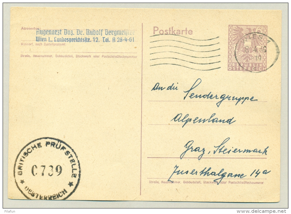 Österreich - 1946 - Britische Prüfstelle 0739 On Postkarte To Graz - Briefe U. Dokumente