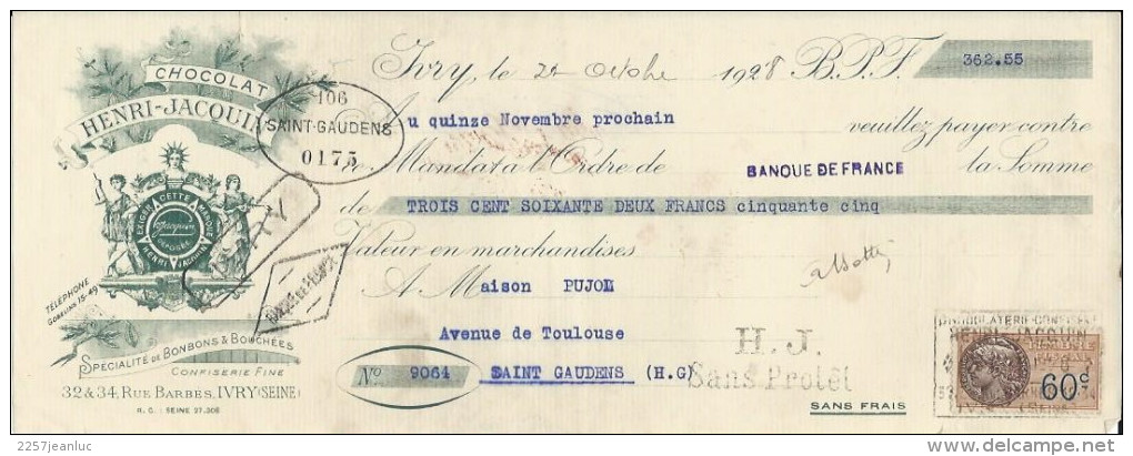 Mandat à L'Ordre Avec Timbre Fiscal 60 C . Chocolat Henri Jacquin à Ivry Le 21 Octobre 1928. - Autres & Non Classés