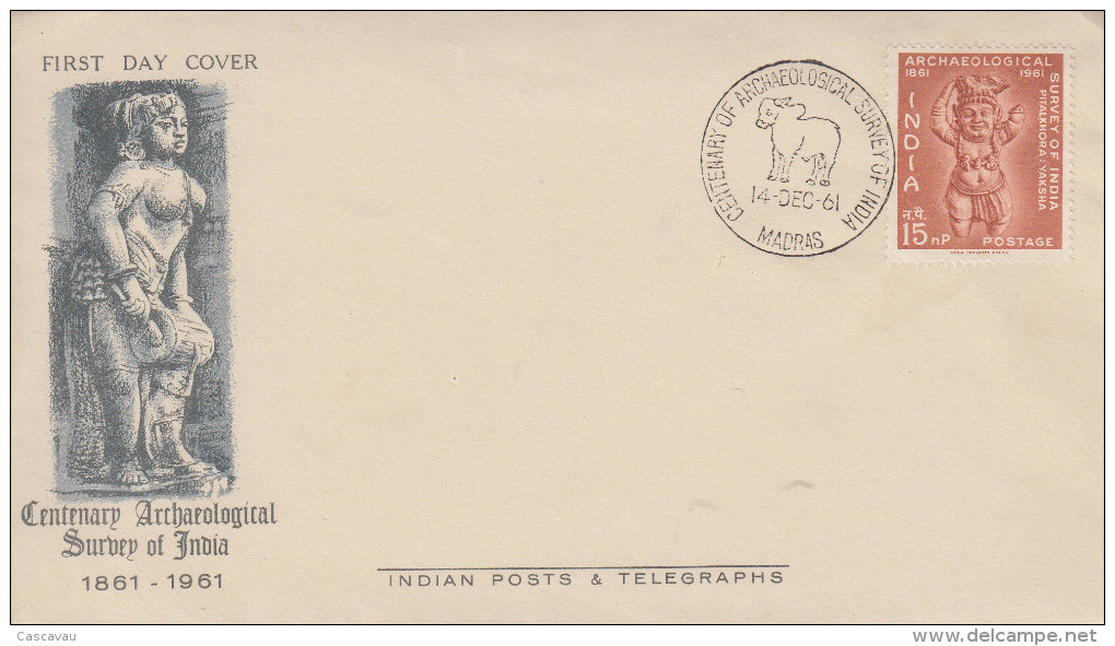 Enveloppe  1er  Jour  INDE   Centenaire  Du  Service  D' Archéologie   1961 - FDC