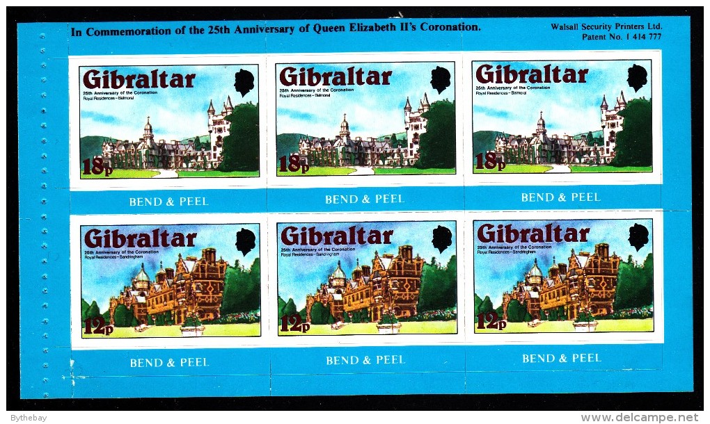 Gibraltar MNH Scott #368a Set Of 2 Booklet Panes Royal Residences - 25th Anniversary Coronation - Gibraltar