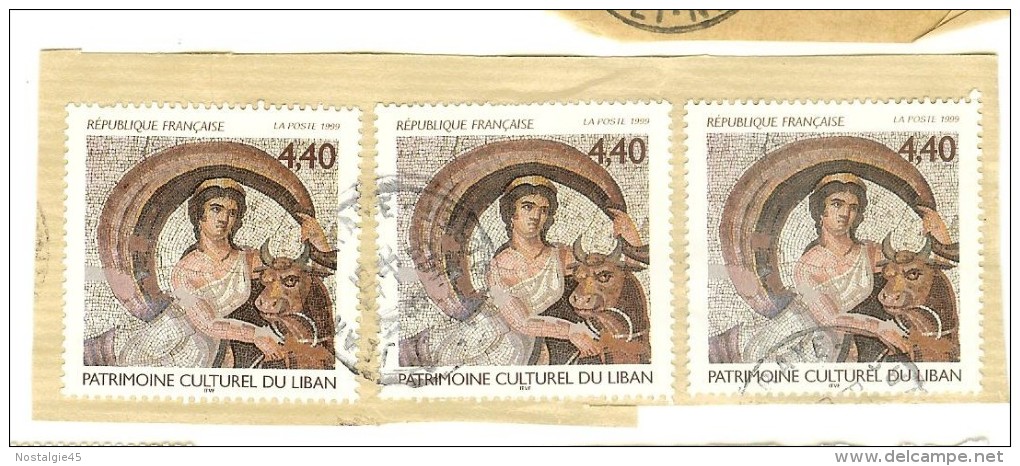 France Y&T Oblitéré N° 3224 1999  - Patrimoine Culturel Du Liban : Mosaïque Femme - 3 Timbres Cachet Rond - Andere & Zonder Classificatie