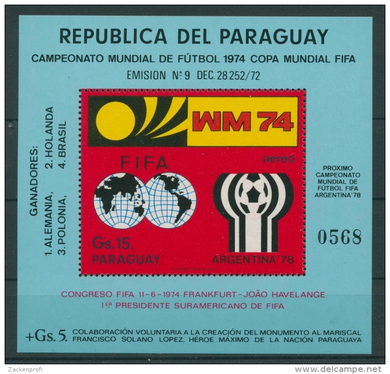 Paraguay 1974 Fußball-WM Deutschland Block 234 Postfrisch (C22622) - Paraguay