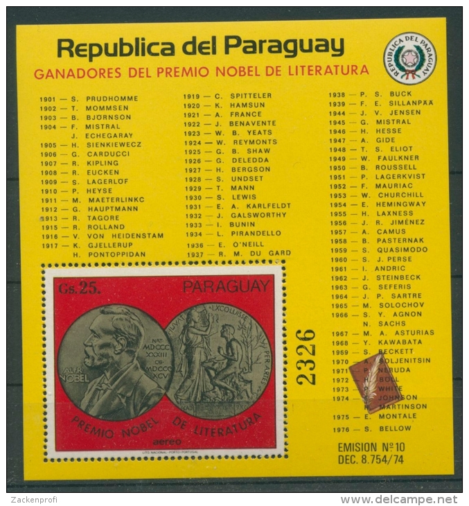 Paraguay 1977 Nobelpreisträger Literatur Block 306 Postfrisch (C22640) - Paraguay