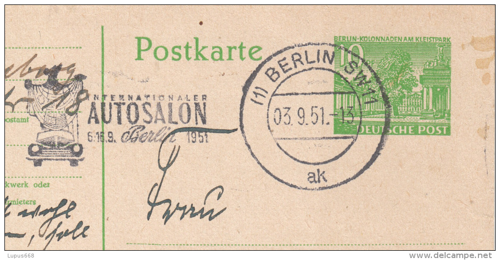 Westberlin 1951  Maschinenwerbestempel (1) BERLIN SW11  Internationaler Autosalon Auf Postkarte - Maschinenstempel (EMA)