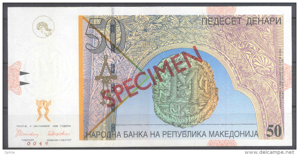 Makedonien Macedonia 50 Denari 1996 SPECIMEN – PRIMEROK (Cyrillic) UNC; P 15s - Nordmazedonien