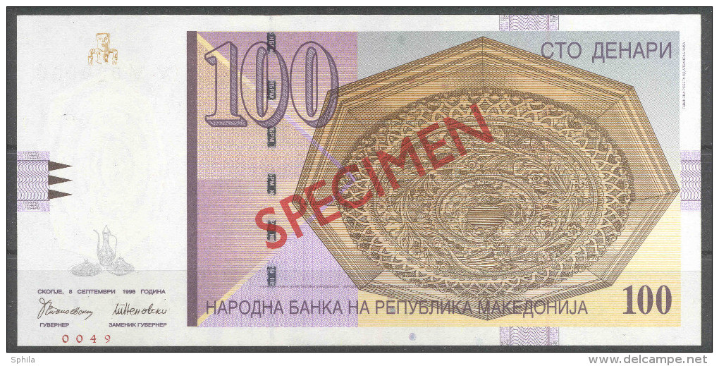 Makedonien Macedonia 100 Denari 1996 SPECIMEN – PRIMEROK (Cyrillic) UNC; P 16s - Nordmazedonien